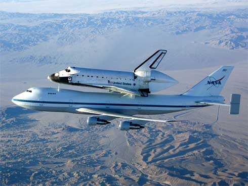 Space Shuttle Endeavour on 747 flying